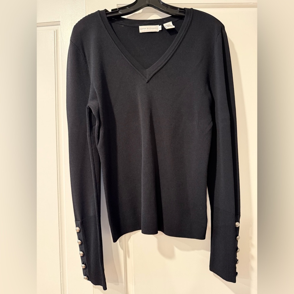 Dana Buchman Black Knit Top with silver buttons detail on sleeves